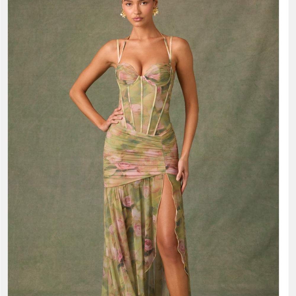 Ruched asymmetric corset gown in floral multi print
